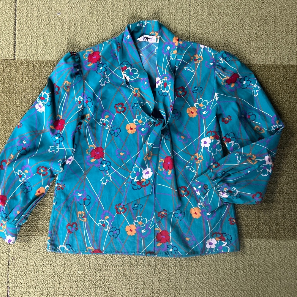 Vintage 70s Abstract Floral Button Up Blouse XL